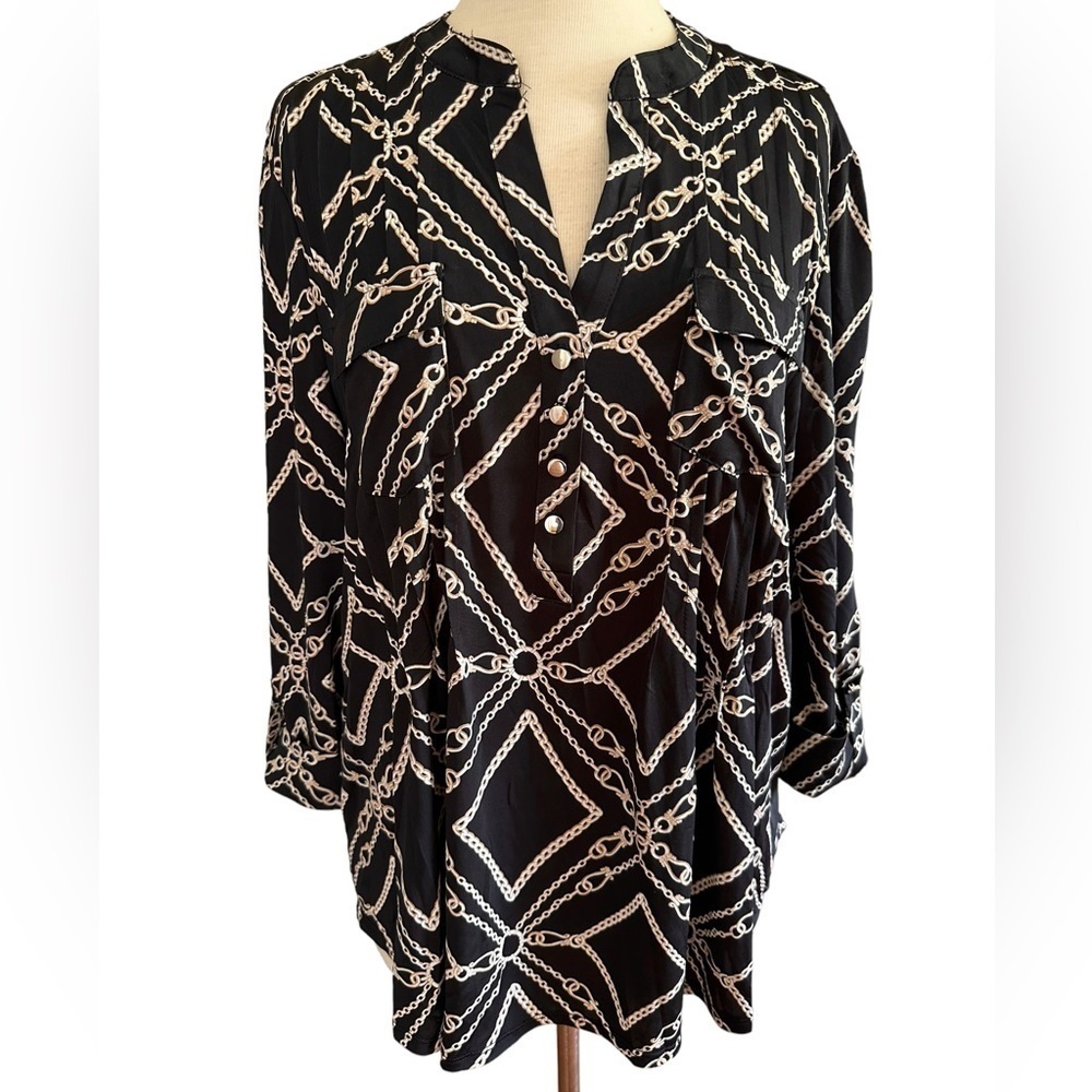 COCOMO Large Black Beige 3/4 sleeve women's Pintuck Blouse tunic shirt